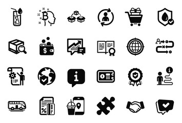 Vector Set of Business icons related to Water glass, Approved and Person info icons. Safe box, Puzzle and Bitcoin think signs. Search package, Certificate and Food app. Journey path. Vector