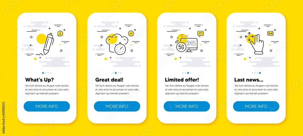 Poster vector set of cooking timer, 5g internet and signature line icons set. ui phone app screens with lin