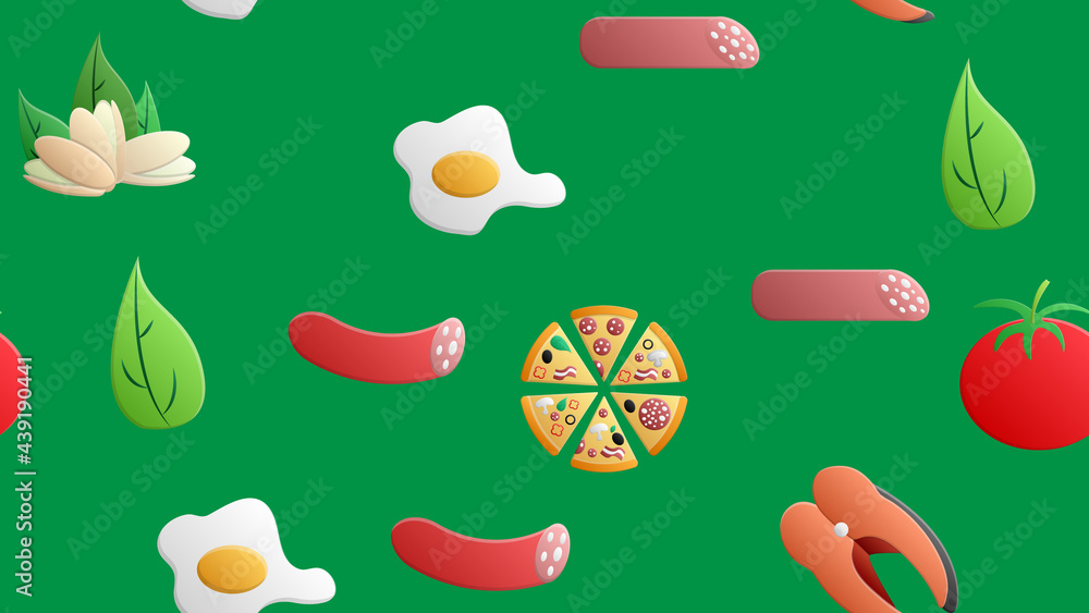 Poster endless green seamless pattern from a set of icons of delicious food and snacks items for a restaura