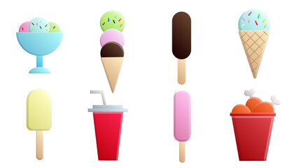 Set of eight icons of items of delicious food and snacks for a cafe bar restaurant on a white background: ice cream, chicken, soda