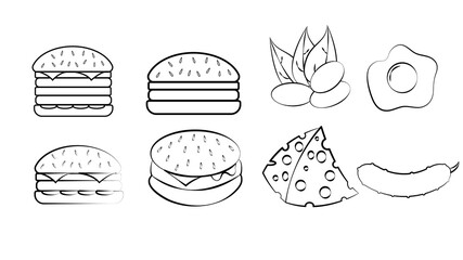 Black and white set of eight icons of delicious food and snacks items for a restaurant bar cafe on a white background: burger, pistachios, egg, cheese, cucumber