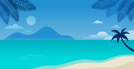 Fototapeta na wymiar Summer time fun concept design. Creative background of landscape, sunny panorama of sea and beach. Summer sale, post template
