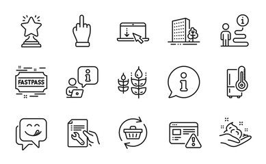 Fototapeta premium Business icons set. Included icon as Yummy smile, Internet warning, Refrigerator signs. Middle finger, Refresh cart, Gluten free symbols. Skin care, Buildings, Scroll down. Winner. Vector