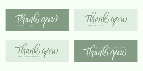 Thank you set - 4 different typography designs. Calligraphic inscription. Vector. Green theme.