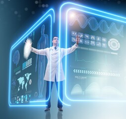 Doctor in futuristic medical concept pressing button