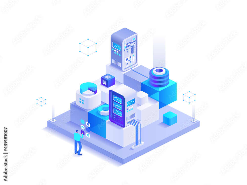 Sticker blockchain mining technology isometric abstract concept