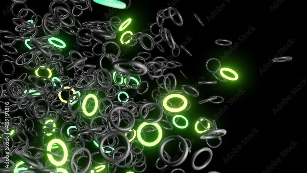 Aufkleber 3d render. abstract festive background with rows of toruses or rings on plane flashing neon multicol