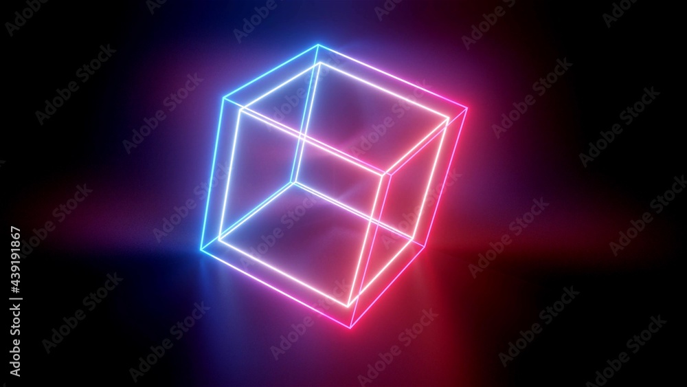 Poster 3d render. background with neon glow, light gradient blue red magenta. 3d luminous frame figure in t