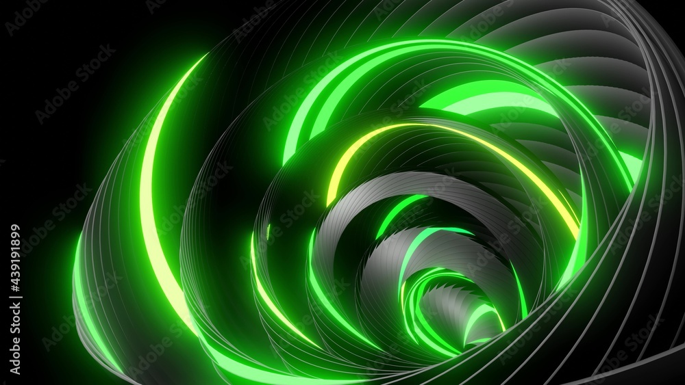 Aufkleber 3d render. abstract geometric bg with rings form complex twisted spiral and light effects. rings fla
