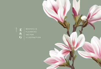 Natural magnolia realistic flowers contemporary event layout designs. Marketing floral pattern background vector illustration. - obrazy, fototapety, plakaty