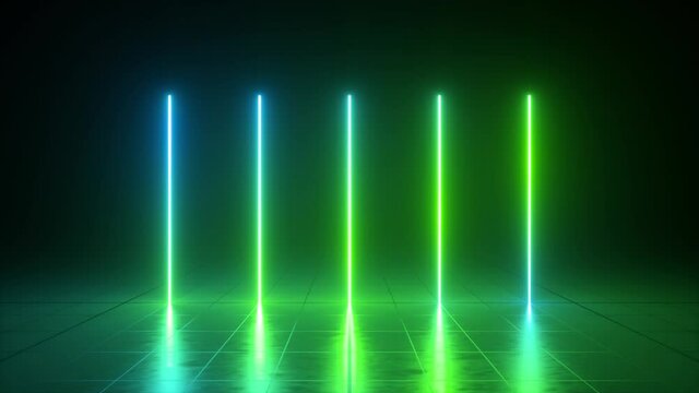 seamless animation of glowing neon vertical lines, changing colors from green to blue
