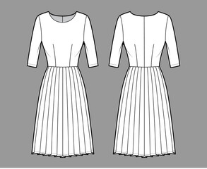 Dress pleated technical fashion illustration with elbow sleeves, fitted body, knee length skirt. Flat apparel front, back, white color style. Women, men unisex CAD mockup
