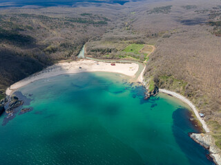 Fototapeta premium Aerial view of Silistar beach near village of Rezovo, Bulgaria