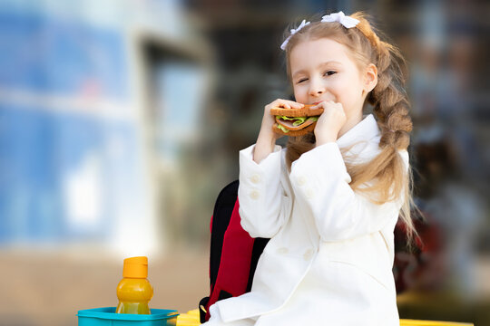 Cute Little Girl Eating Sandwich During Break Between Classes. Healthy Unhealthy Food For Kid. Breakfast Lunch For Children At School. Copy Space, Text