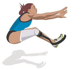 para sports paralympic long jump, physical disabled female athlete on prosthetic leg, track and field, isolated on a white background