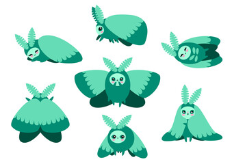 Set of cute kawaii green moth stickers. Character night-fly design collection. Kid graphic, kawaii concept. Adorable little moth, butterfly vector illustration.