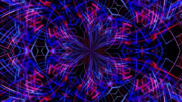 Abstract laser show. VJ animation with lines. 4k abstract bg with pattern of glow blue red lines. Pattern like flower, star or mandala of glow curved lines. Kaleidoscopic simmetrical structure.
