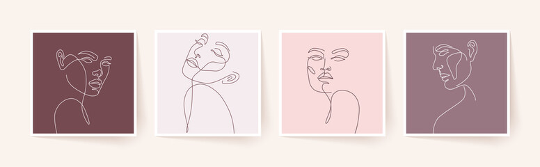 Reeks gestileerde vrouwengezichten. Moderne enkele lijn kunst. Vrouw beauty fashion concept, minimalistische stijl.