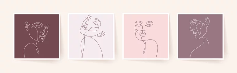 Stickers pour porte Une ligne Ensemble de visages de femme stylisés. Art moderne à une seule ligne. Concept de mode beauté femme, style minimaliste.