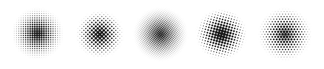 Black and white halftone radial pattern set. Abstract dotty vector background.