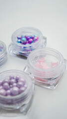 Manicure brush beautiful background tools rhinestones white color beads