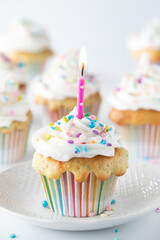 A single confetti cupcake with a lit candle, on a plate with several cupcakes in soft focus in behind.