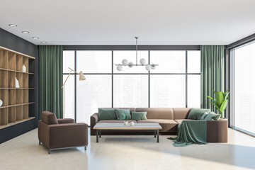 Living room interior with sofa and armchair near panoramic window