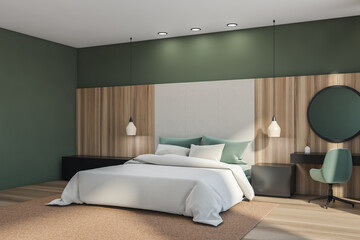 Fototapeta na wymiar Wooden and green bedroom interior with bed and dressing table on parquet floor