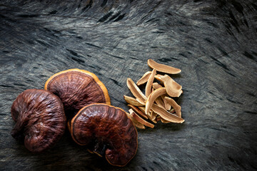 Fresh Lingzhi mushroom on dark wooden floor. (Ganoderma Lucidum). Chinese traditional medicine and nutritive value.