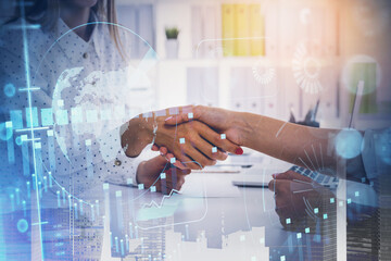 Businesswomen handshake in office room, digital market icons