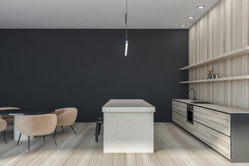 Wooden kitchen interior with cutting table and chairs on wooden floor
