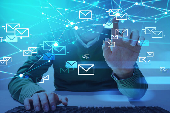 Businessman finger touch hud with mails and network circuit