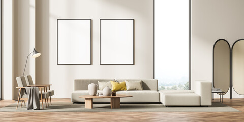 Fototapeta na wymiar Two framed mockup posters in villa living room design interior, beige furniture on bright wall, wood floor, folding screen. Concept of relax.