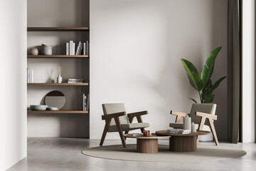 Light living room interior with bookshelf and armchairs, mockup © ImageFlow