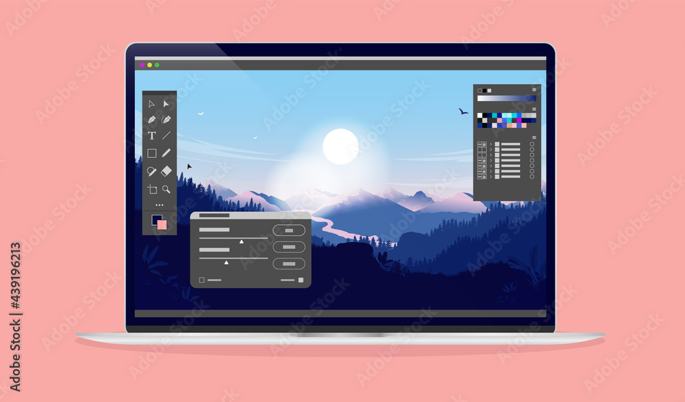 Aufkleber Photo editing software on laptop screen - Computer with image editor software, user interface and beautiful landscape in background. Vector illustration.