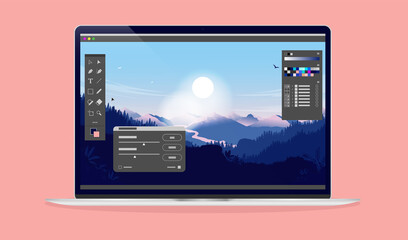 Photo editing software on laptop screen - Computer with image editor software, user interface and beautiful landscape in background. Vector illustration. - obrazy, fototapety, plakaty
