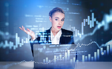 Businesswoman with laptop talking, stock market changes and bar chart