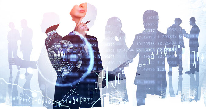 Business people working and graph changes lines with numbers, earth globe