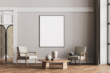 Fototapeta na wymiar Framed mockup posters in apartment living room design interior, beige furniture on bright wall, wood floor, two armchairs. Concept of relax.