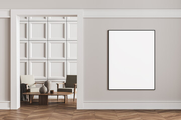 Framed mockup posters in apartment living room design interior, beige furniture on bright wall, wood floor, two armchairs. Concept of relax.