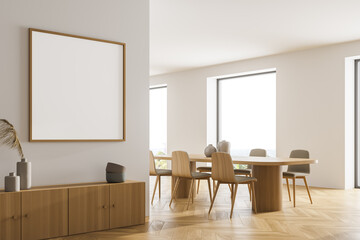 White kitchen interior with table and chairs near window, mockup poster