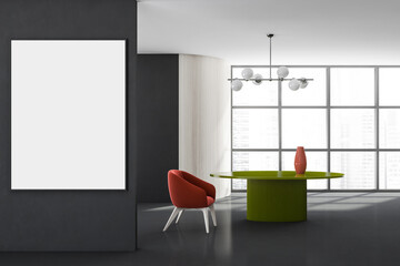 Stylish modern living room interior in skyscraper building with design armchair and green round table, white mock up framed poster, vinyl floor. wood wall. Panoramic window. No people.
