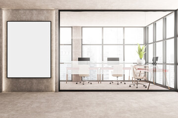 Concrete open space office interior with poster