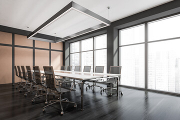 Classic panoramic white and grey conference room corner with long table and rectangular lamp