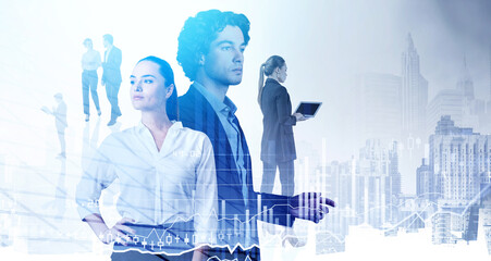 Group of young traders pondering about future financial prospects. Skyscrapers and stock market candlesticks dynamics, bar chart, double exposure. Concept of worldwide financial advisory