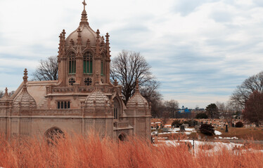 Greenwood Cemetery a historic cemetery and architecture in Brooklyn NY on a cold winter day