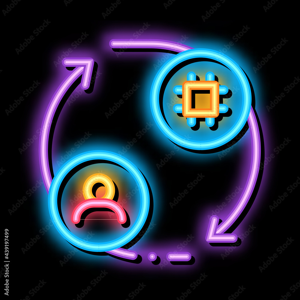 Poster human and computer car control neon light sign vector. glowing bright icon human and computer car co