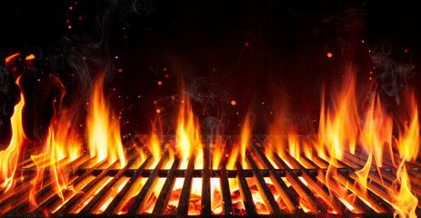 Barbecue Grill With Fire Flames - Empty Fire Grid On Black Background - obrazy, fototapety, plakaty