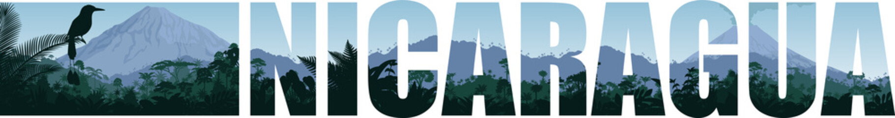 vector panorama of Nicaragua with vulcano in jungle rainforest and Turquoise browed Motmot  © Save Jungle