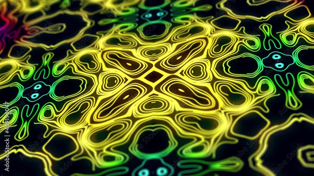 Poster pattern as flower or star. 4k abstract looped bg with grows rainbow colors lines pattern like symmet